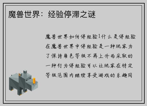 魔兽世界：经验停滞之谜
