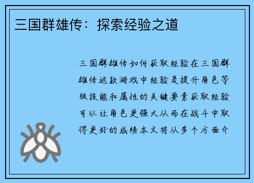 三国群雄传:探索经验之道