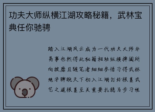 功夫大师纵横江湖攻略秘籍，武林宝典任你驰骋